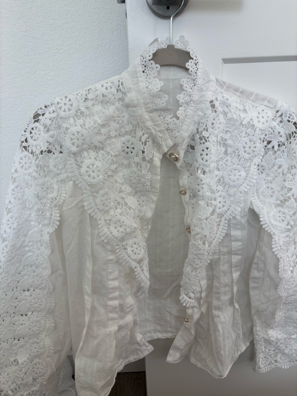 White Lace-Trim Button Front Blouse